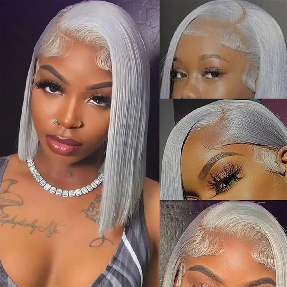 Graue Straight Bob Echthaar Perücke | 13x4 HD Lace Front 210% Dichte | 100% Remy Haar 12 Zoll