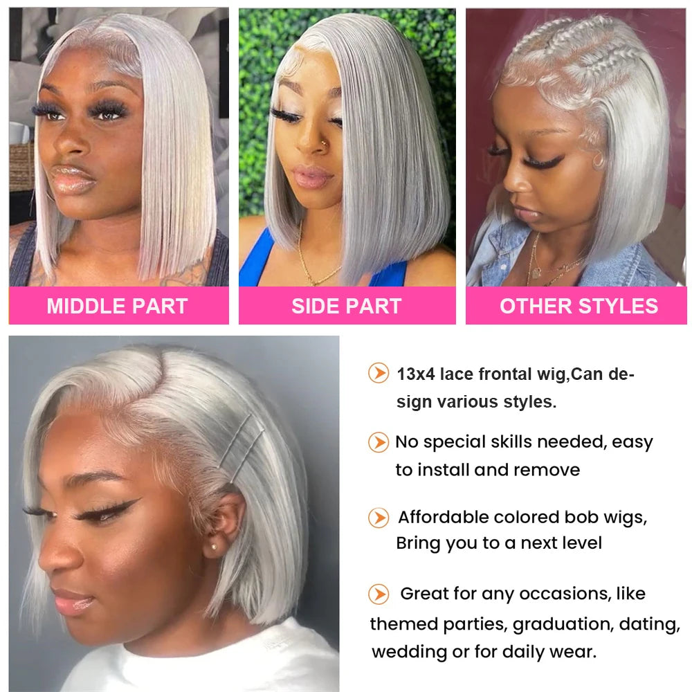 Graue Straight Bob Echthaar Perücke | 13x4 HD Lace Front 210% Dichte | 100% Remy Haar 12 Zoll