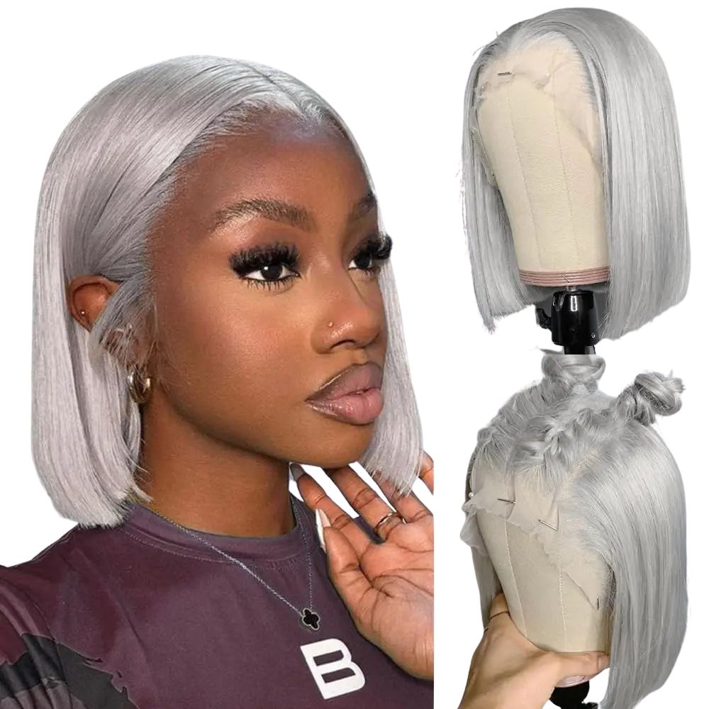 Graue Straight Bob Echthaar Perücke | 13x4 HD Lace Front 210% Dichte | 100% Remy Haar 12 Zoll