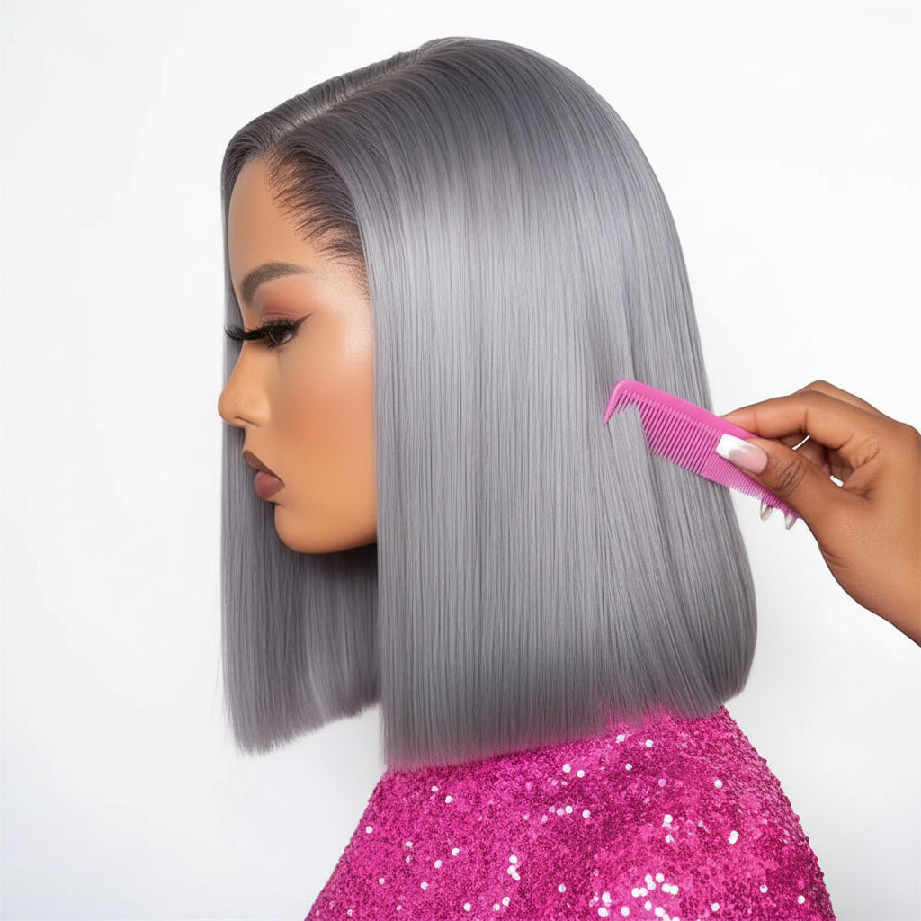 Graue Straight Bob Echthaar Perücke | 13x4 HD Lace Front 210% Dichte | 100% Remy Haar 12 Zoll