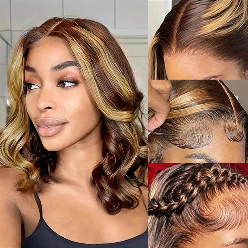 Perruque courte ondulée 4/27 | Dentelle HD densité 250 % | Cheveux naturels