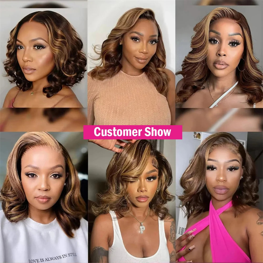 4/27 Highlight Body Wave Bob Perücke | HD Lace 250% Dichte | Echthaar