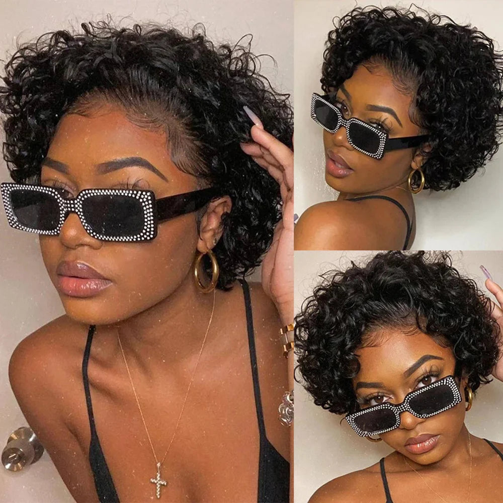13x1 Short Curly Lace Front Remy Real Hair Wig LUX-Peruck