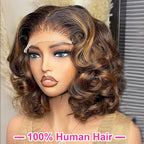 Perruque courte ondulée 4/27 | Dentelle HD densité 250 % | Cheveux naturels