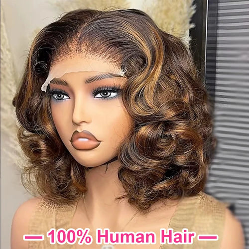 4/27 Highlight Body Wave Bob Perücke | HD Lace 250% Dichte | Echthaar